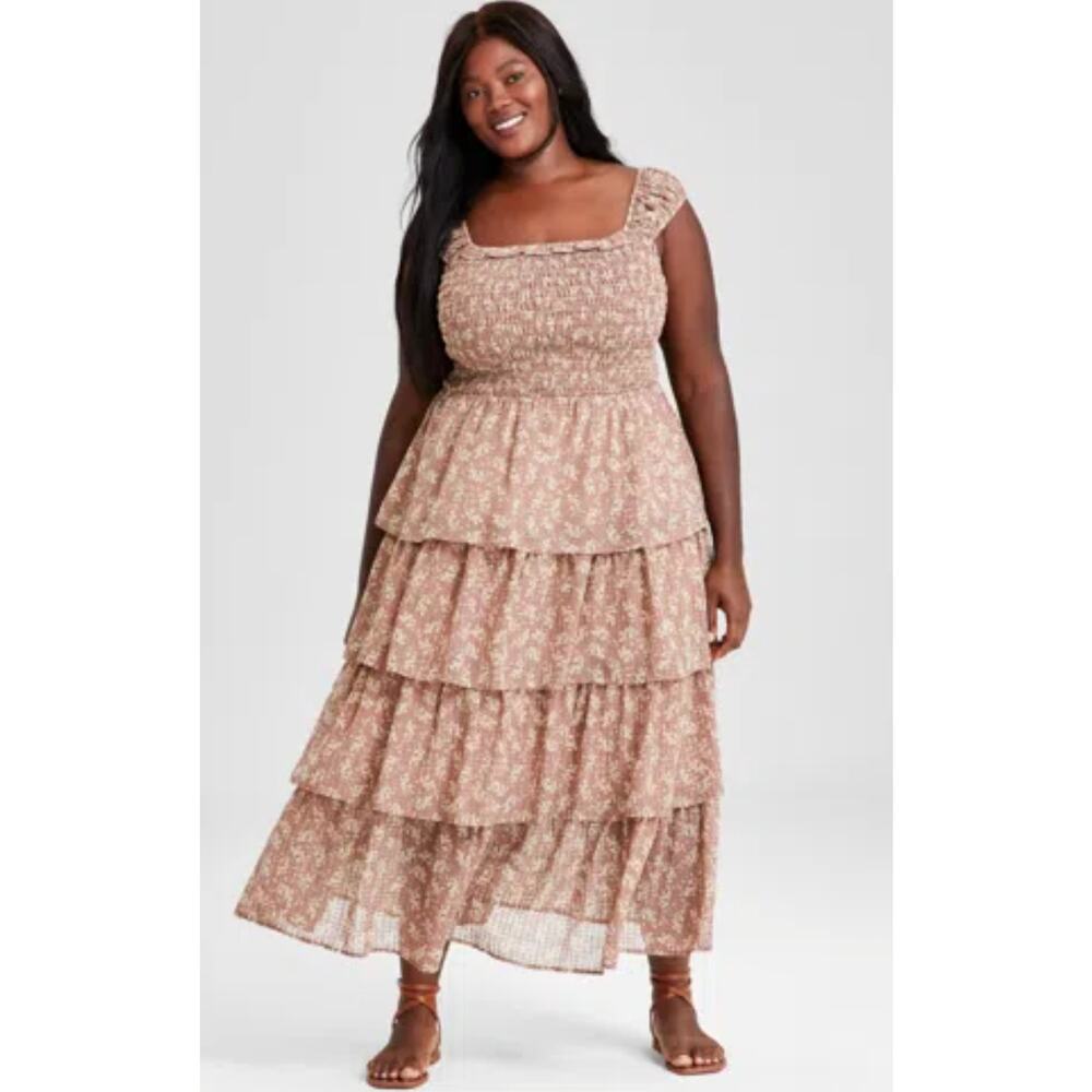 And Now This Plus Size Printed Tiered Smocked Maxi Dress Brown Floral Size 1X